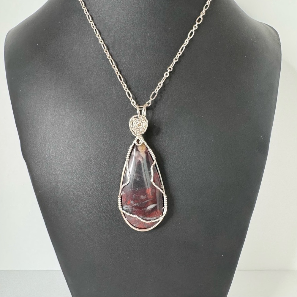 Hand Crafted Red Jasper Wire Wrapped Cabochon Necklace 72mm Teardrop 17” NWT